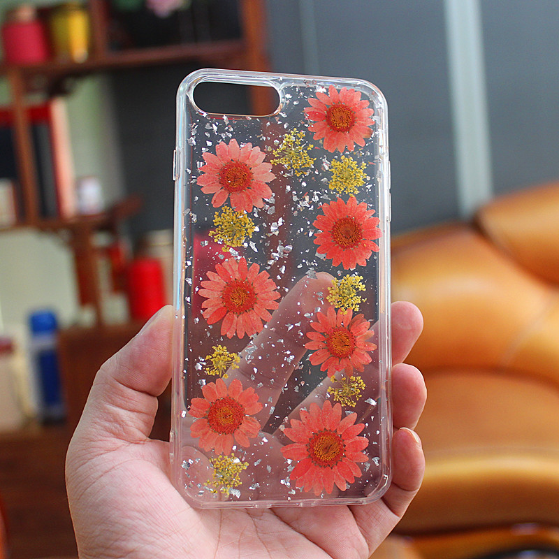 TPU + PC glittery drops lijm mobiele telefoon case met innerlijke bloem met de hand gemaakt voor iPhone 6 Plus \/ 7 Plus \/ 8 Plus
